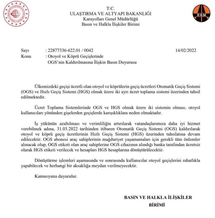 Otoyol ve Köprü Geçişlerinde Ogs Kaldırıldı 2 Otoyol ve Köprü Geçişlerinde OGS Kaldırıldı