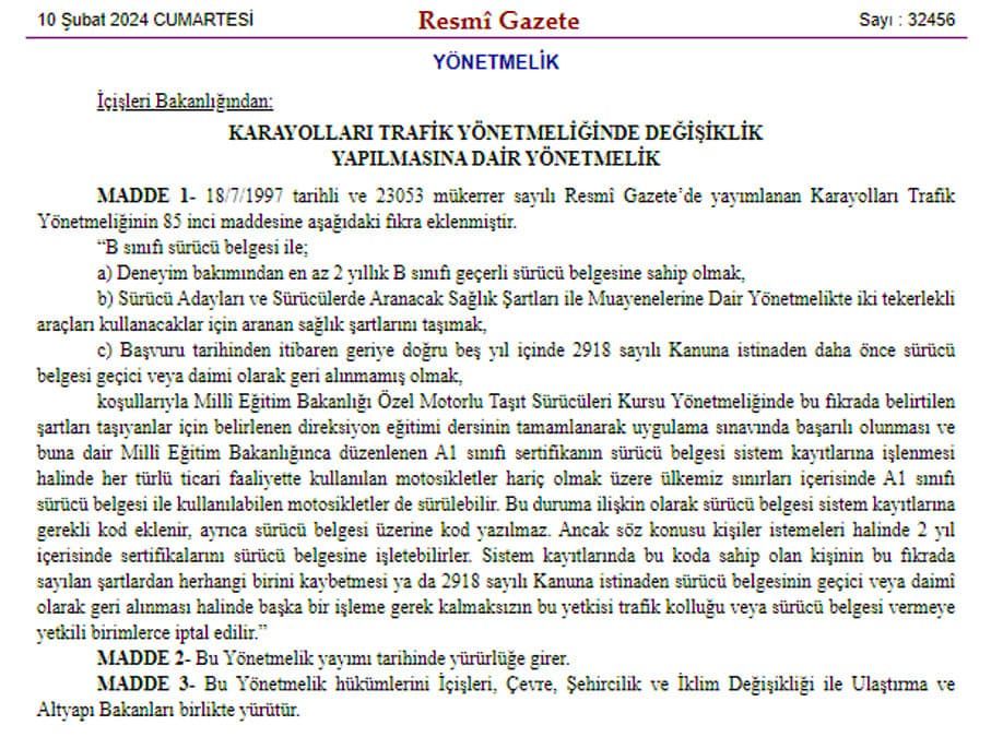 B Sınıfı Ehliyetle 125 Cc Motosikletler Kullanılabilecek 3 resmi gazete